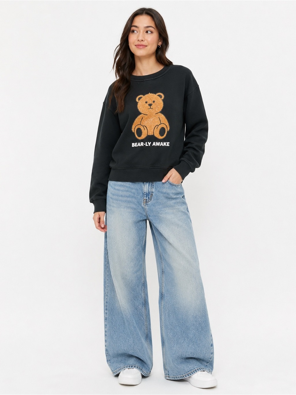 Forever 21 Bear-ly Awake Teddy Bear Fuzzy Graphic Sweatshirt Black S Y2K